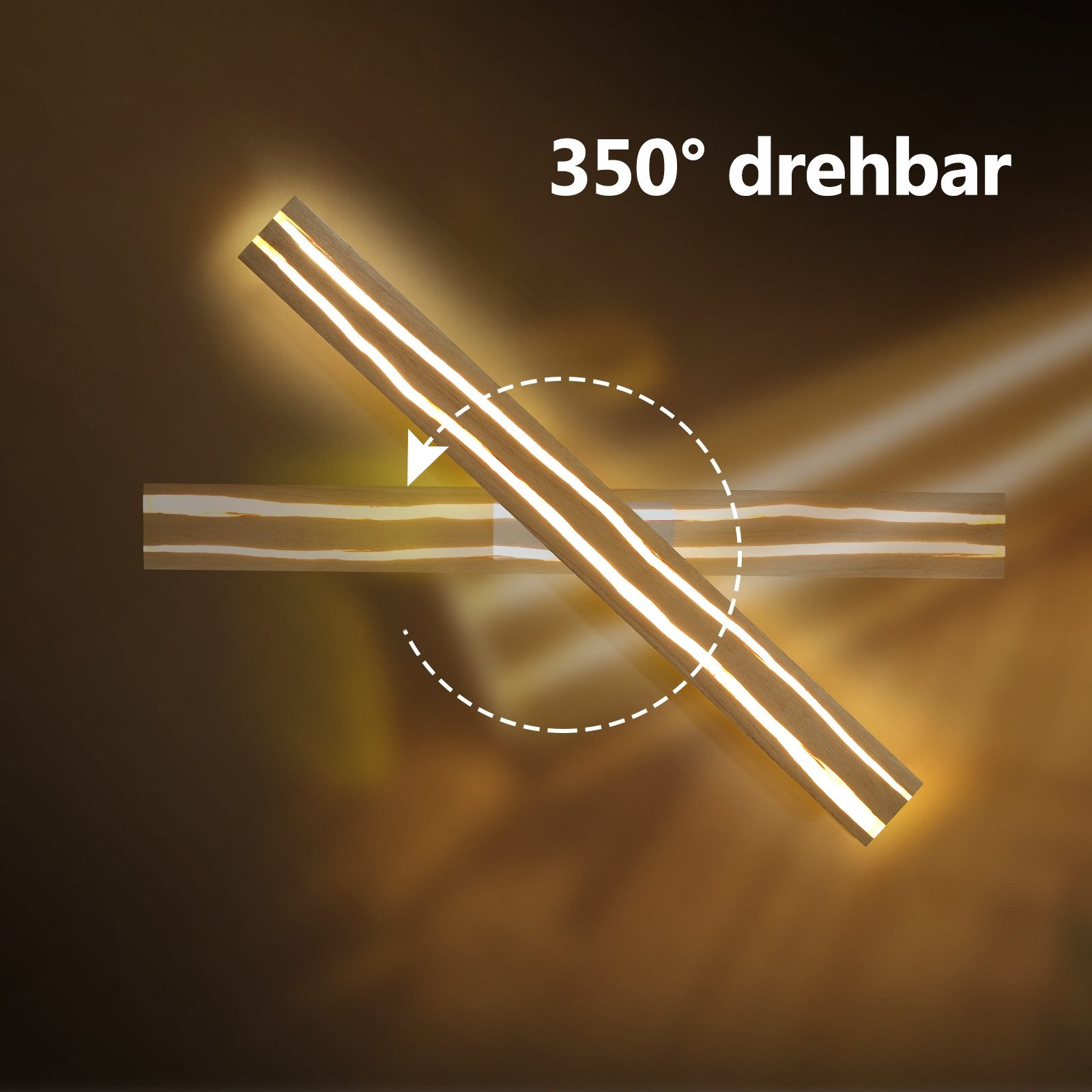 Lampada in legno con luce girevole a 350° e strisce illuminate.