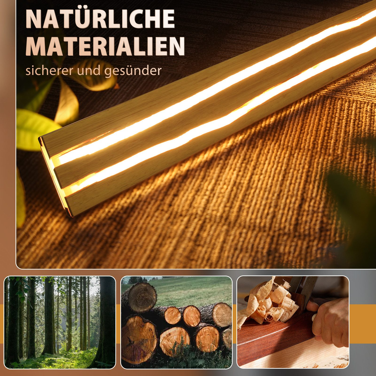 Striscia luminosa in legno con illuminazione, foresta, tronchi e lavorazione.
