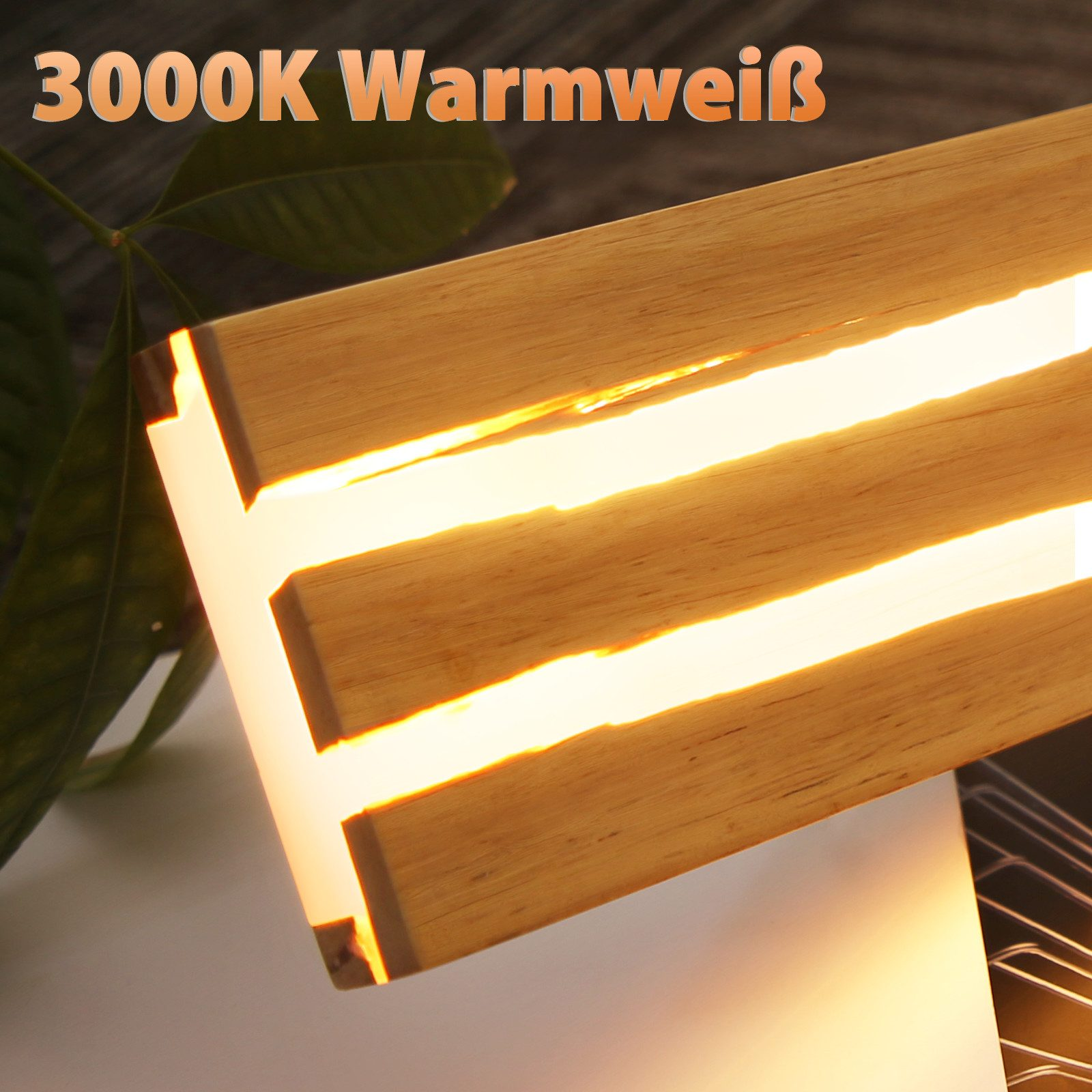 Lampada in legno con luce bianco caldo. Testo in tedesco.