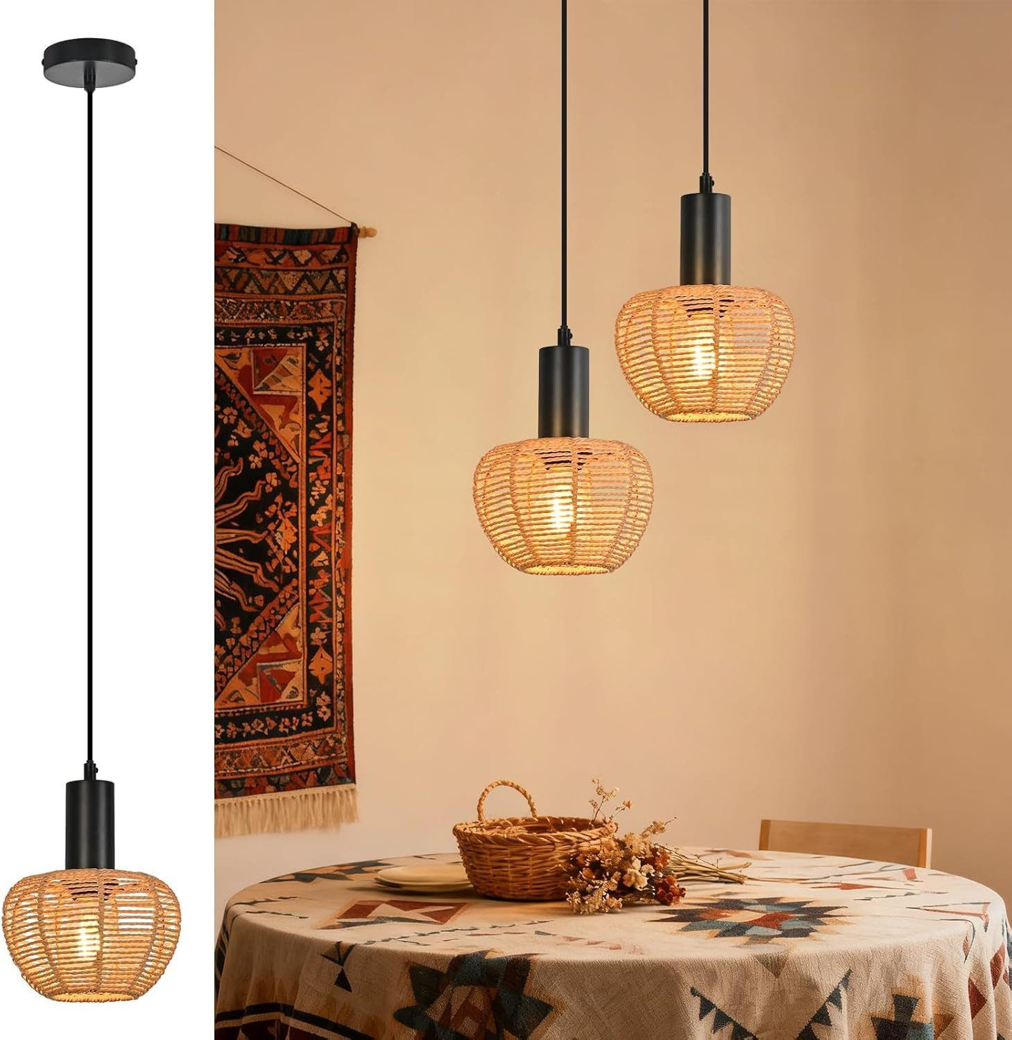 Due lampade a sospensione in rattan sopra tavolo rotondo con tovaglia e cesto.
