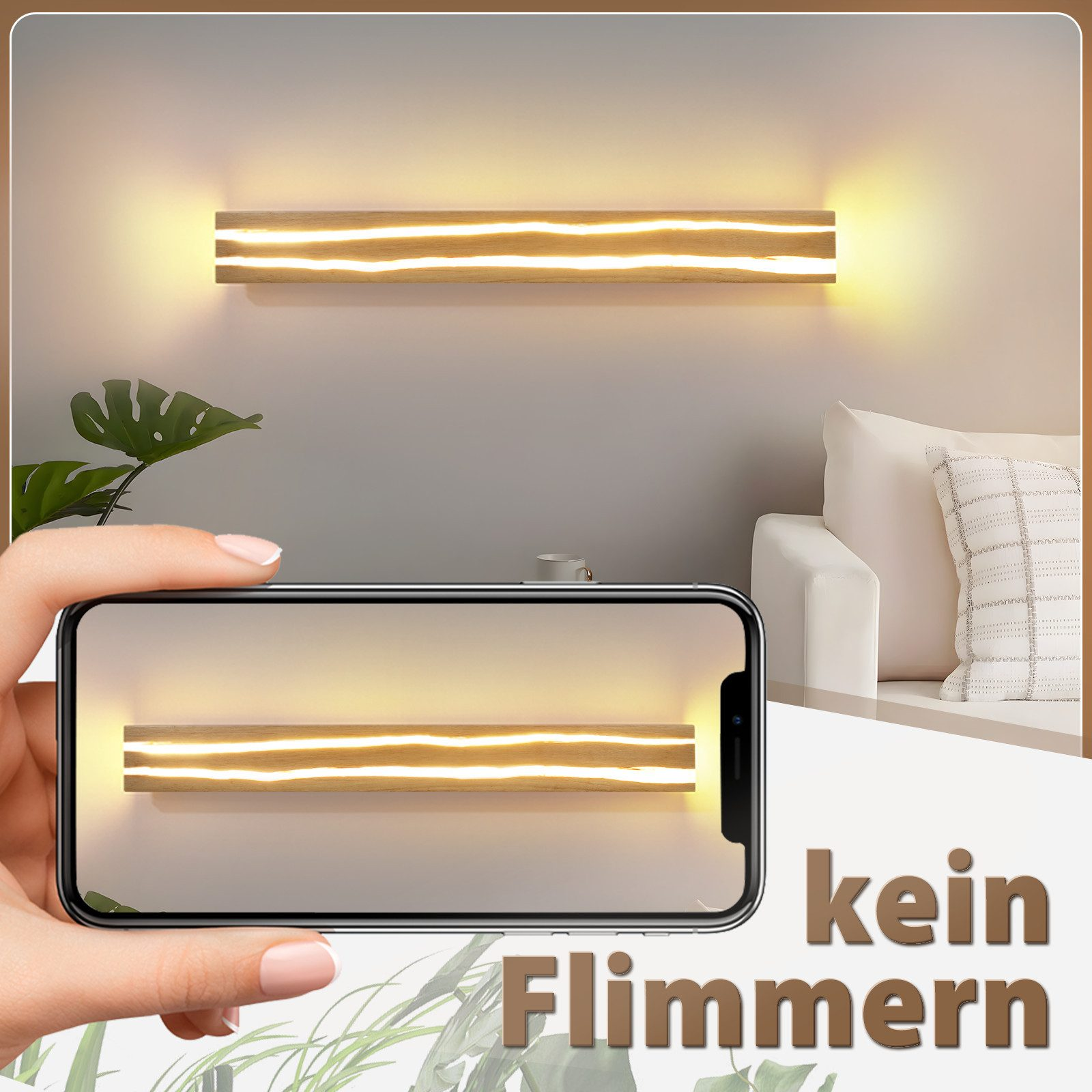 Una lunga lampada da parete in legno con illuminazione a LED.