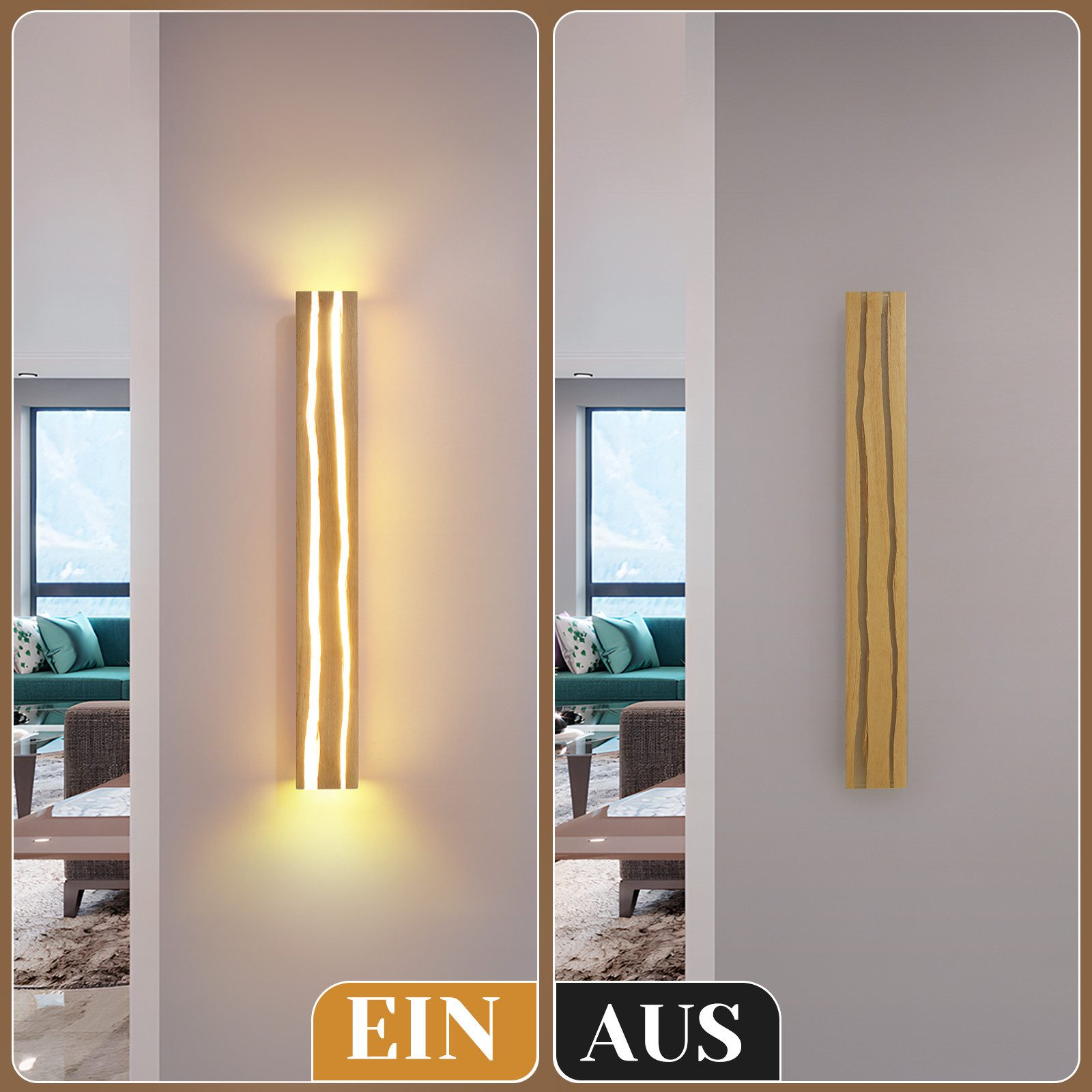 Applique da parete in legno con due fessure luminose, accesa e spenta.