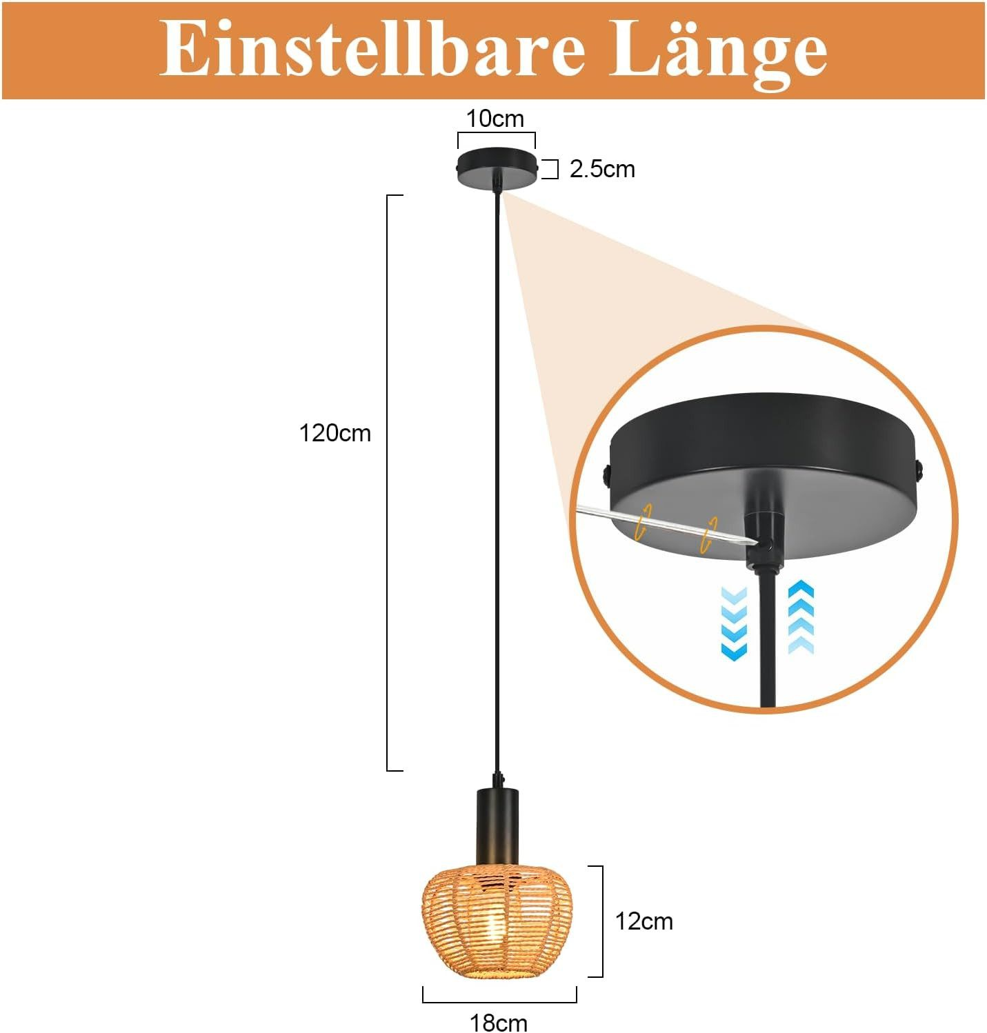 Lampada a sospensione con sospensione regolabile, lunga 120 cm, larga 18 cm.