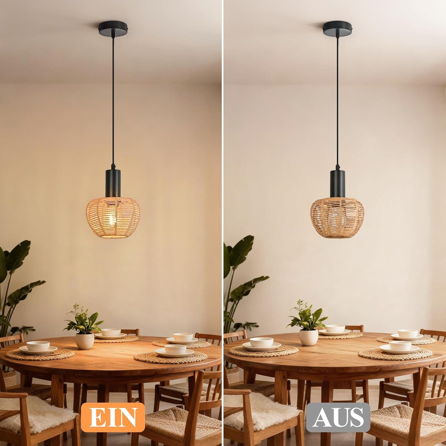 Tavolo da pranzo con lampada a sospensione in cesto di rattan, accesa e spenta.