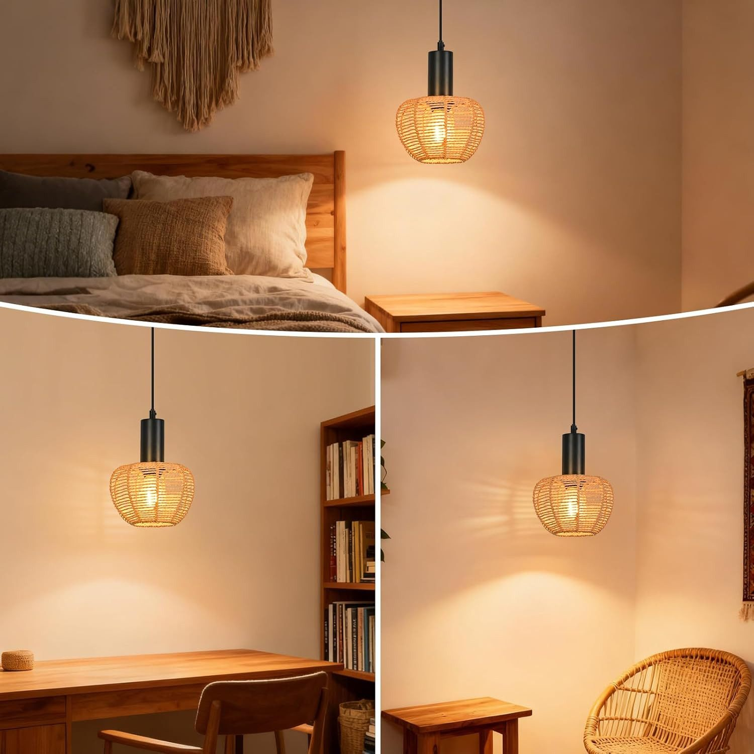 Una lampada a sospensione intrecciata pende sopra un letto, una scrivania e una sedia.