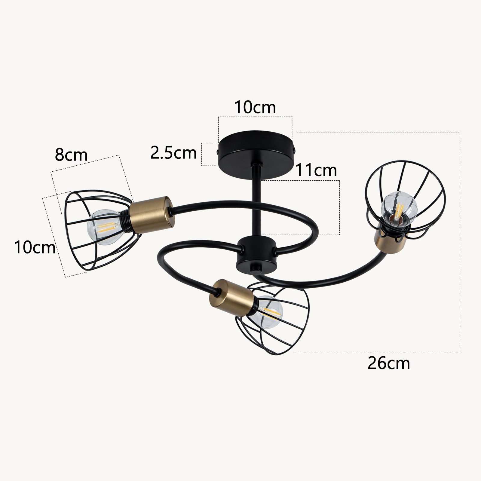 Lampada da soffitto nera semi-incassata con tre bracci e paralumi a gabbia.