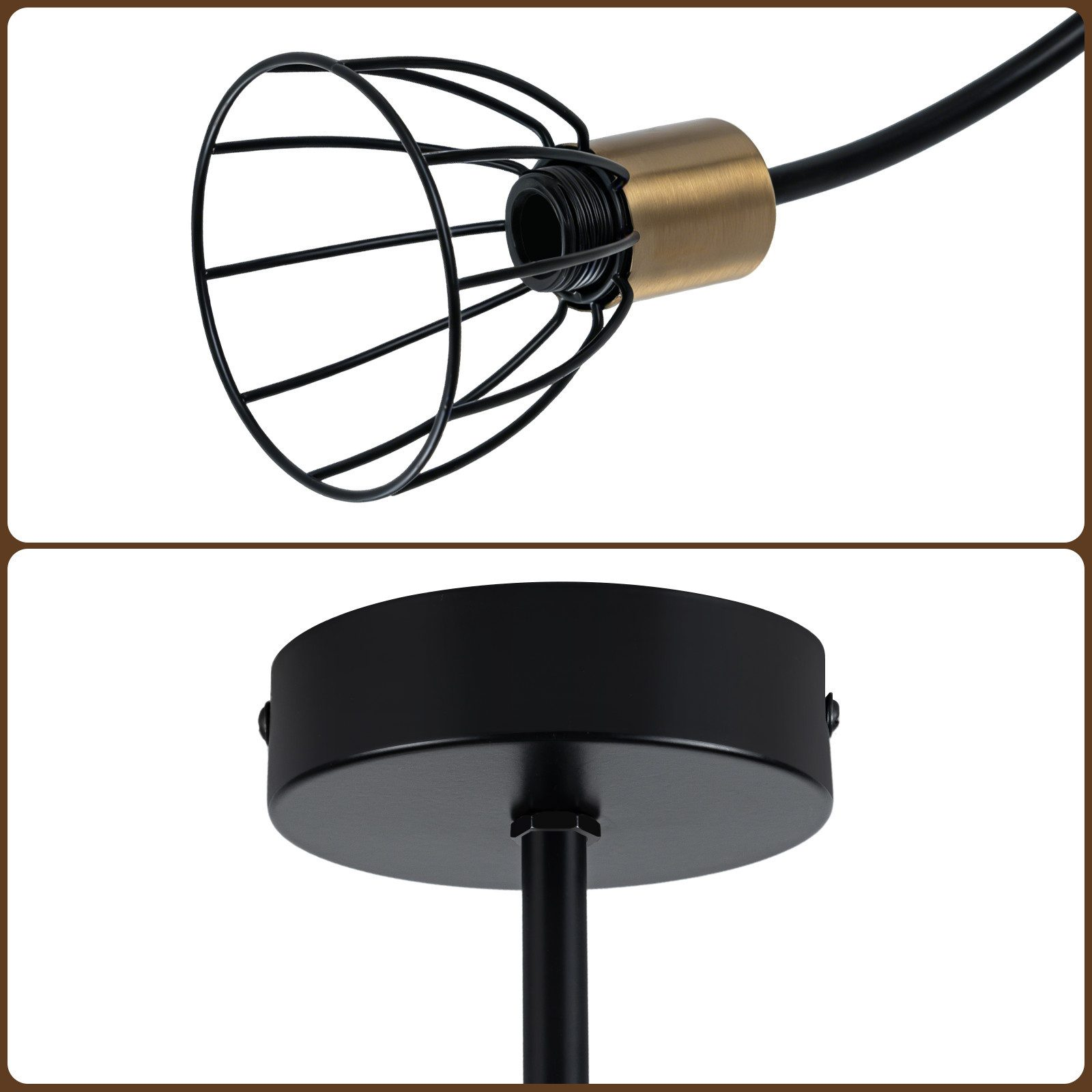 Particolare di una lampada a gabbia nera con portalampada in ottone e montaggio a soffitto.