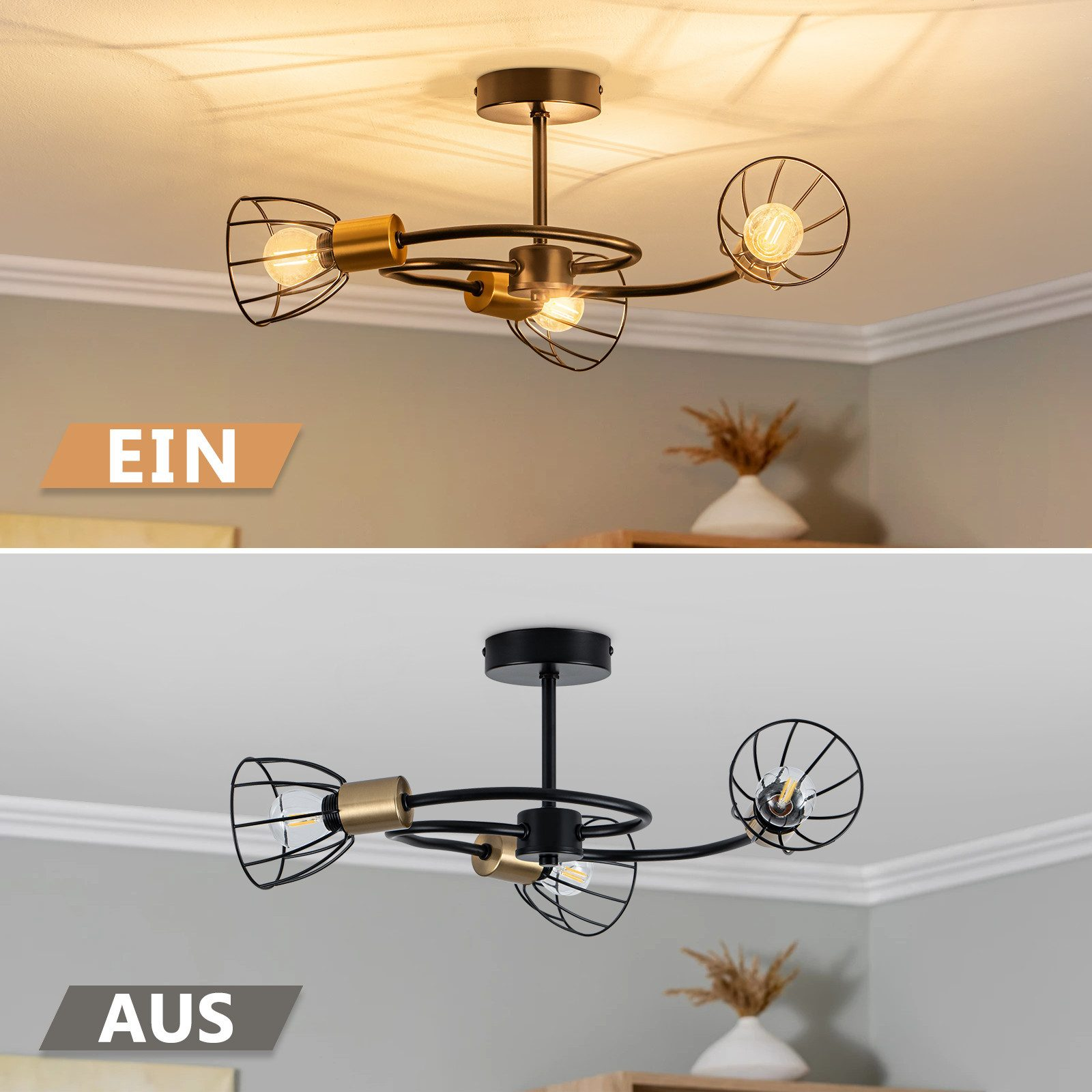 Una lampada da soffitto con quattro lampadine, mostrata accesa e spenta.