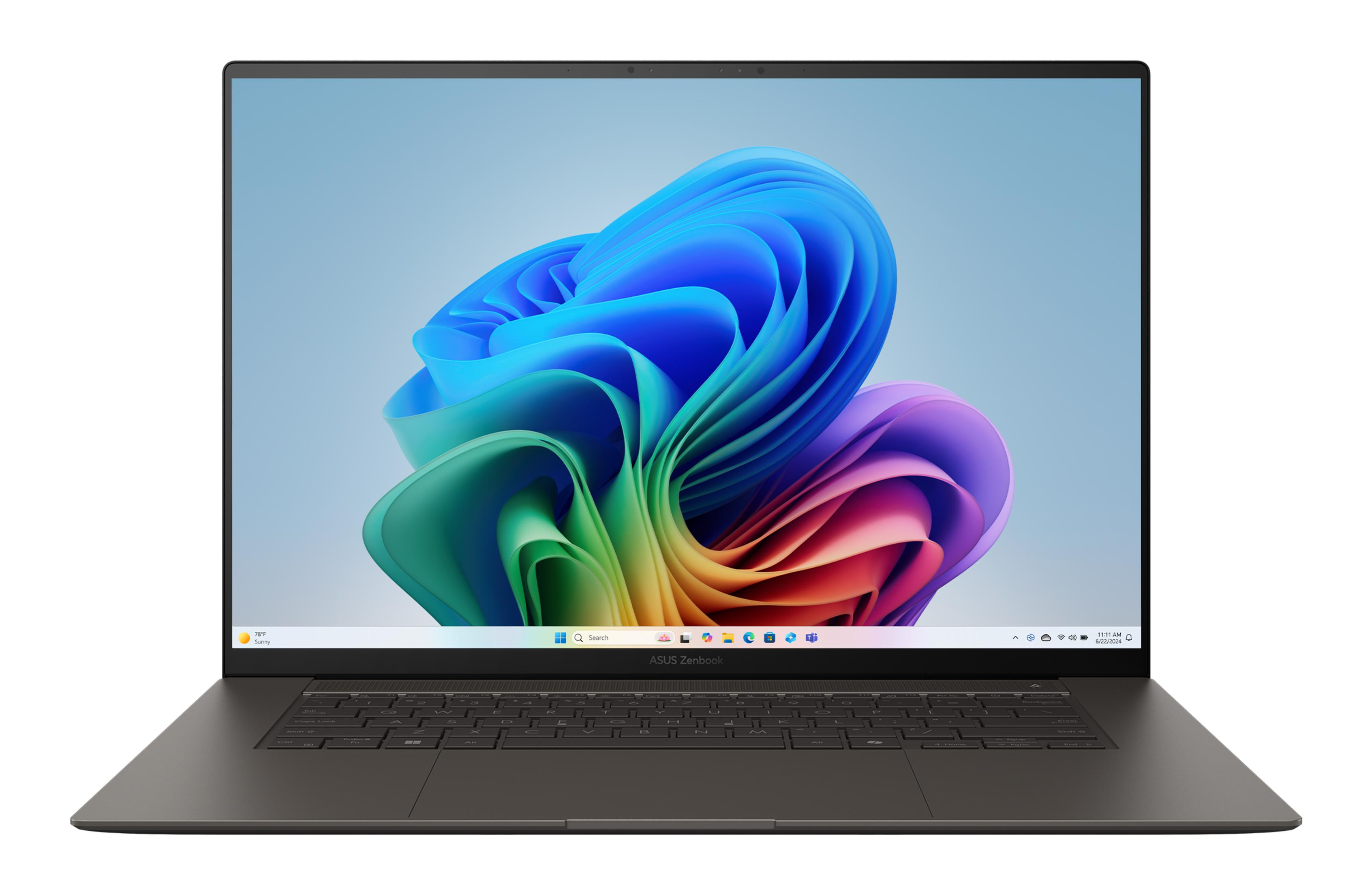 Ein dunkles Asus Zenbook Laptop mit buntem Hintergrundbild.