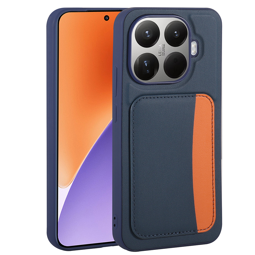 Turuncu vurgulu, kamera lensli lacivert telefon kılıfı.