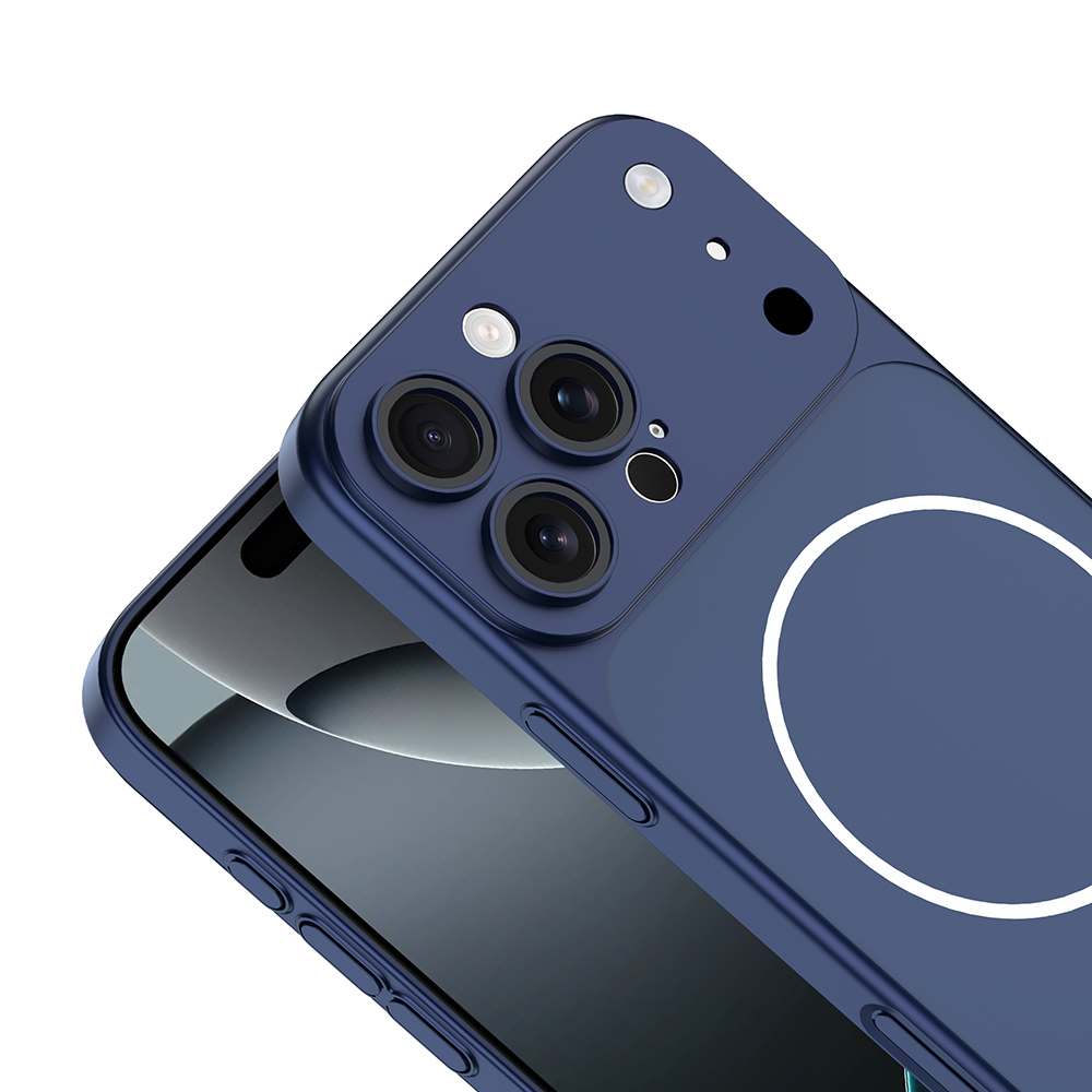 Kamera modülü ve beyaz halkalı lacivert telefon kılıfı.