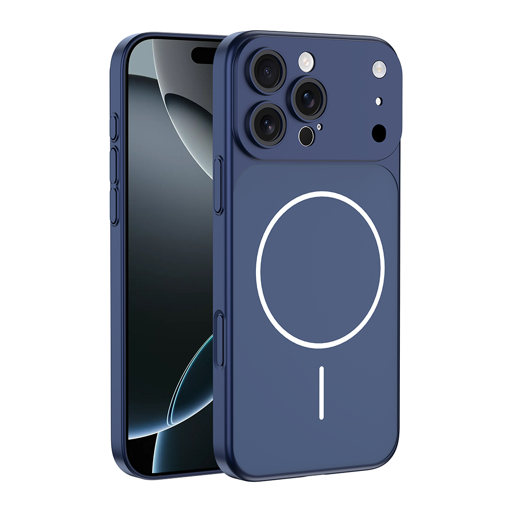 Arkada üç kamera ve beyaz halka bulunan lacivert telefon.