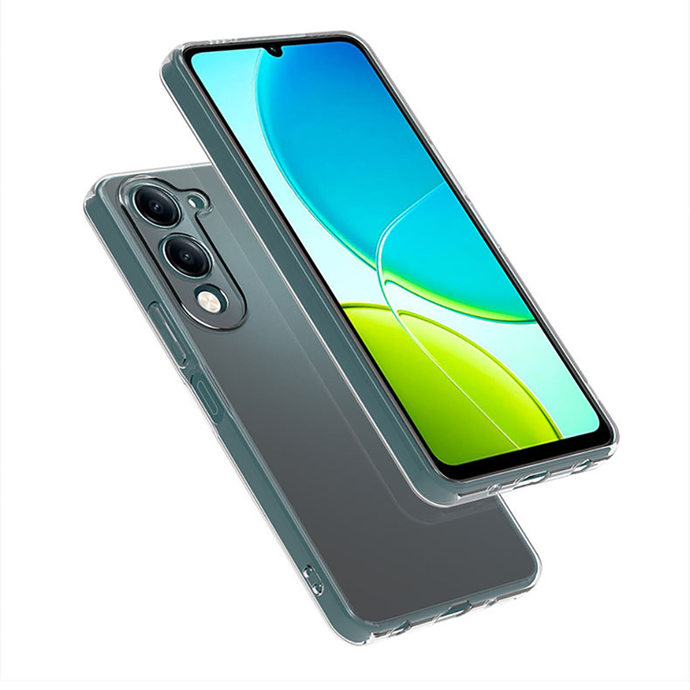 Beyaz arka plan üzerinde üç arka kameraya sahip şeffaf telefon.