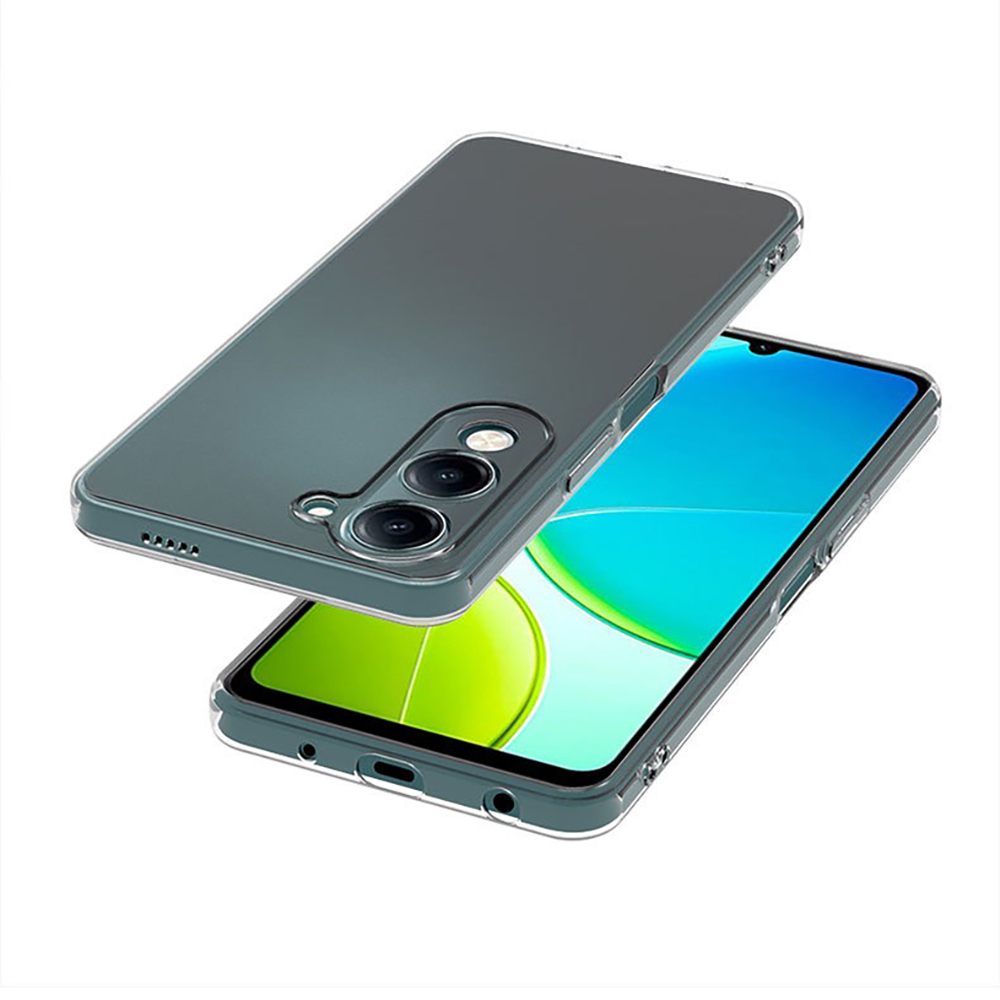 Mavi ve yeşil ekranlı bir akıllı telefonun üzerinde şeffaf telefon kılıfı.