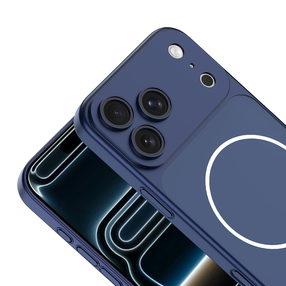 Üç kamera lensli ve beyaz halkalı lacivert telefon kılıfı.