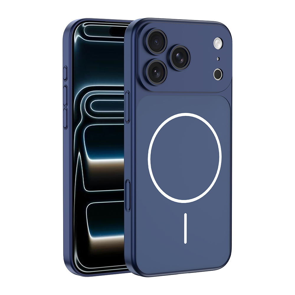 Daire desenli ve üç kameralı lacivert telefon kılıfı.