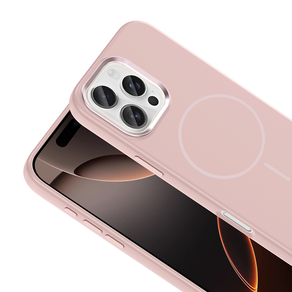 Kamera modülü ve MagSafe halkası olan pembe iPhone.