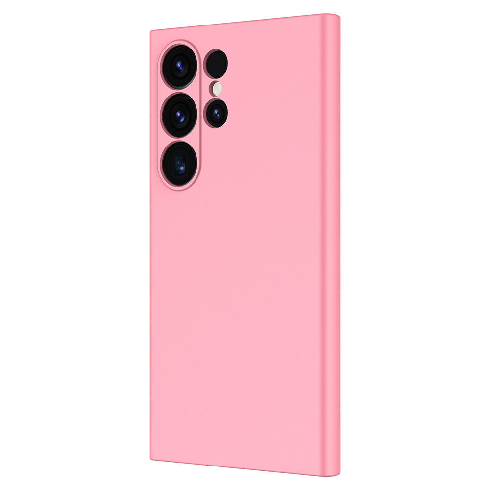Dört lensli kamera modülüne sahip pembe telefon kılıfı.