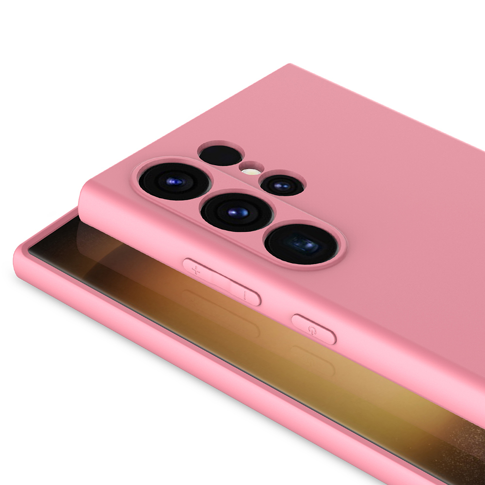 Pembe telefon kılıfı bir akıllı telefonun üzerinde duruyor. Kameralar görünüyor.