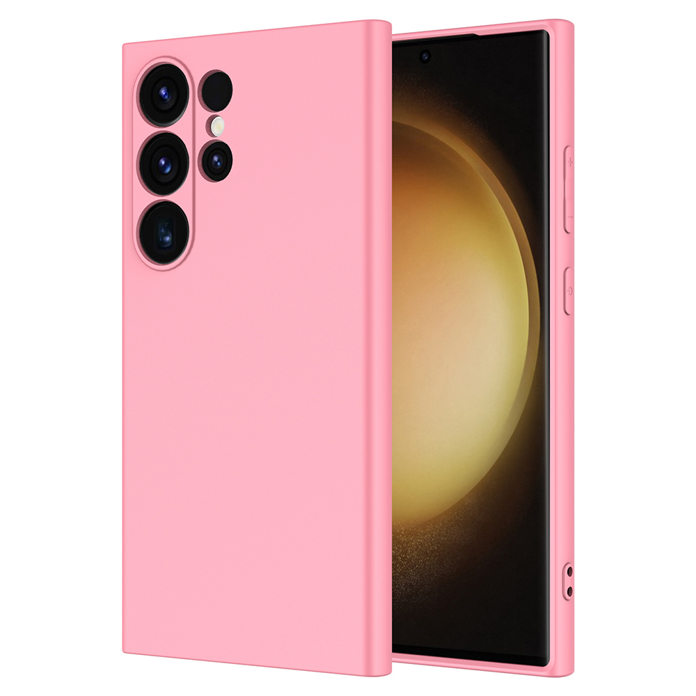 Pembe telefon kılıfı, sarı arka planlı bir akıllı telefonun yanında duruyor.