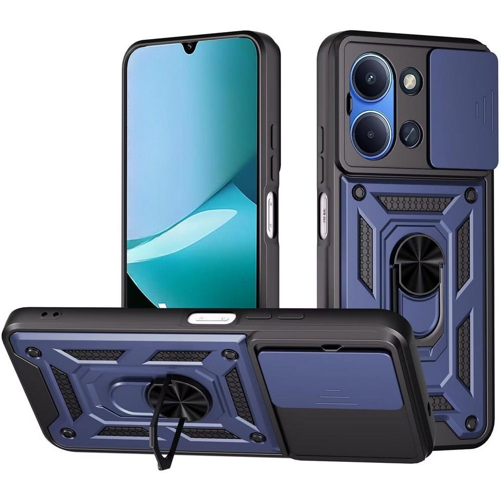 Halka tutuculu ve kaydırmalı kamera kapaklı mavi telefon kılıfı.
