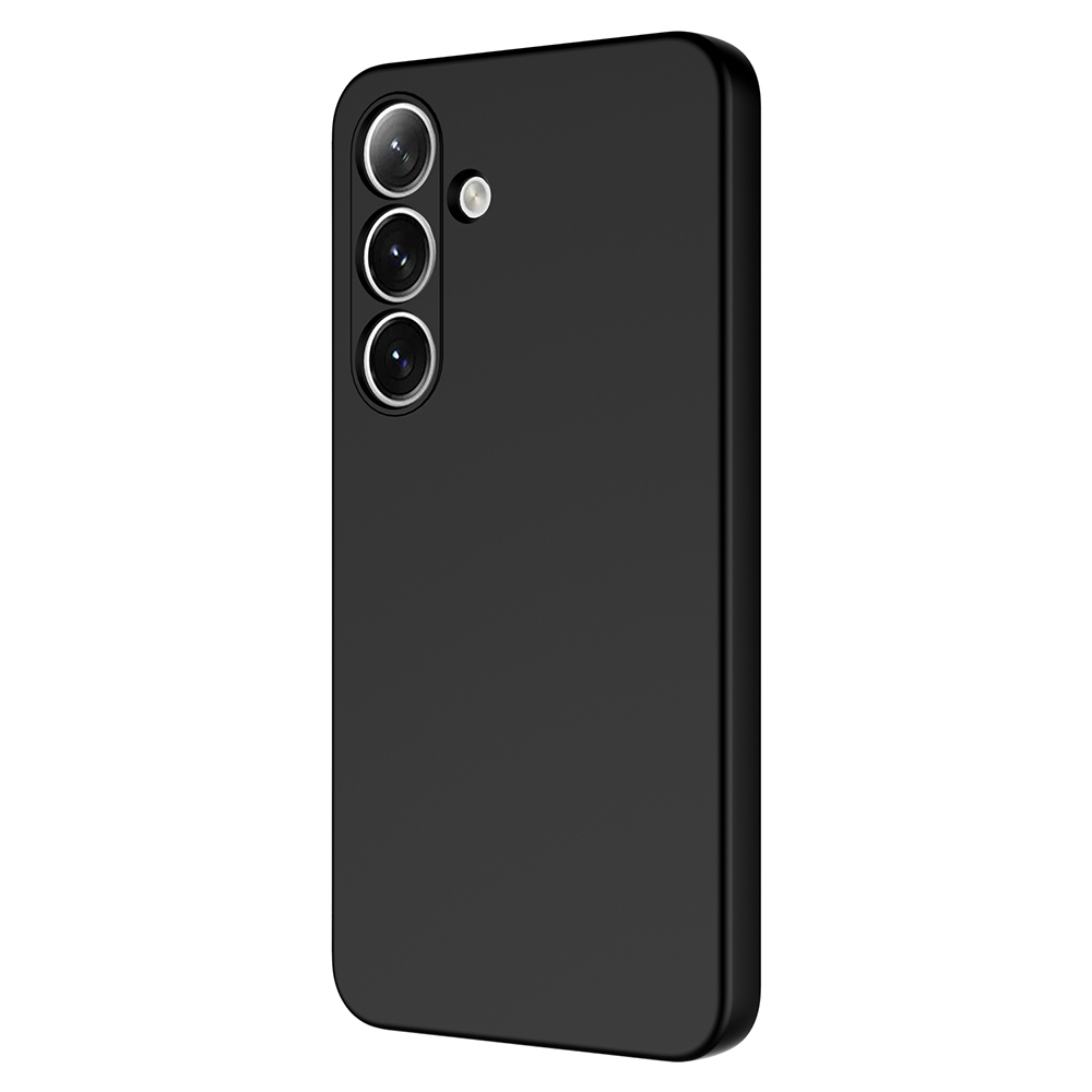 Üç arka kamerası olan siyah cep telefonu, beyaz arka planda.