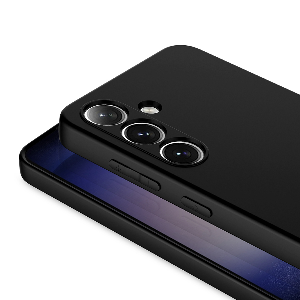 Beyaz arka plan üzerinde üç kamera lensi ve flaşa sahip siyah cep telefonu.