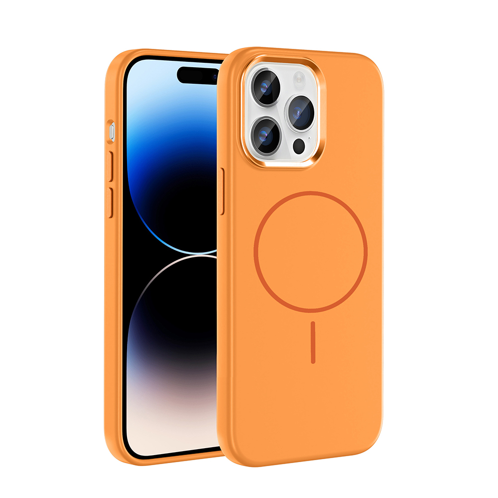 iPhone üzerinde manyetik halkalı turuncu telefon kılıfı.
