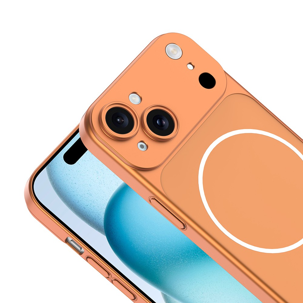 İki kamera lensli ve beyaz halkalı turuncu telefon kılıfı.