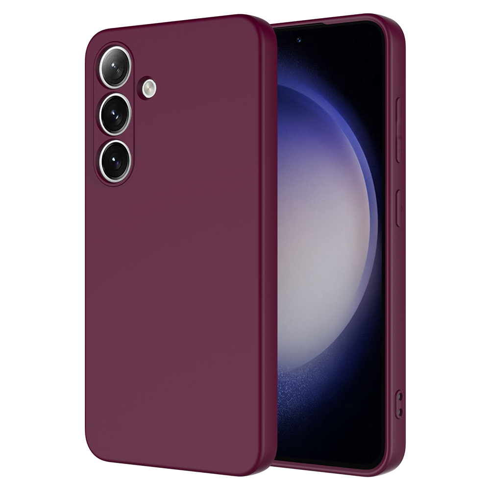 Bordo telefon kılıfı, mor arka planlı bir akıllı telefonun yanında.