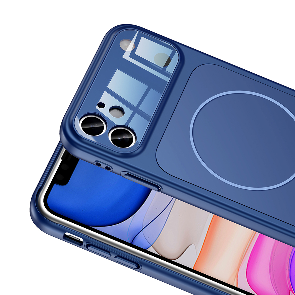 Kamera lensi kesimli ve dairesel tasarımlı mavi telefon kılıfı.