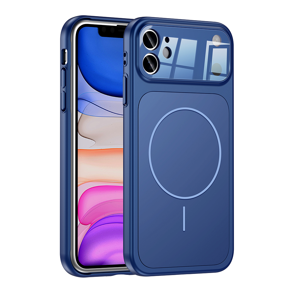 Kamera kesimli ve manyetik halkalı lacivert telefon kılıfı.