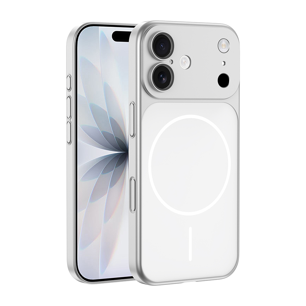 Gümüş iPhone, manyetik halkayı gösteren şeffaf kılıfla birlikte.
