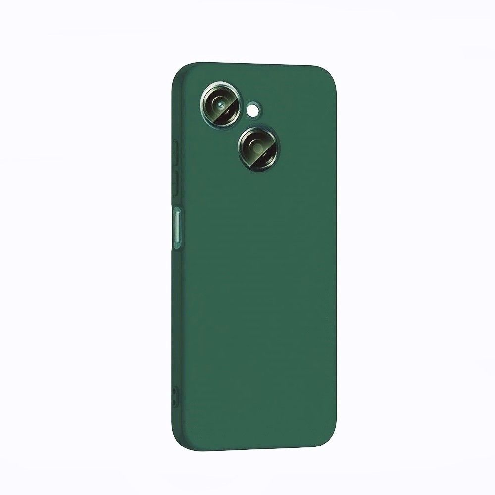 Beyaz arka plan üzerinde iki kamera lensi ve flaşlı koyu yeşil telefon kılıfı.