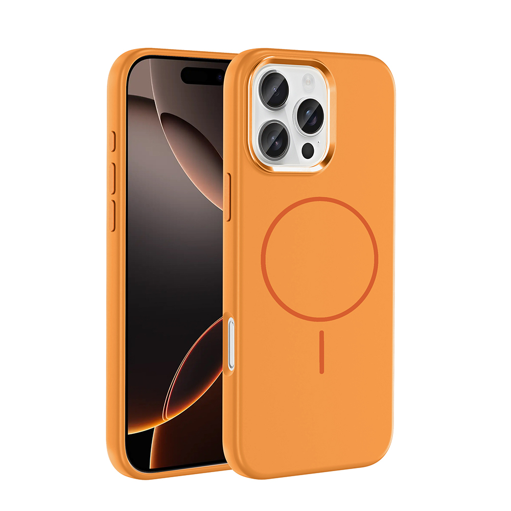 Kamera modülü ve manyetik halkası olan turuncu telefon.