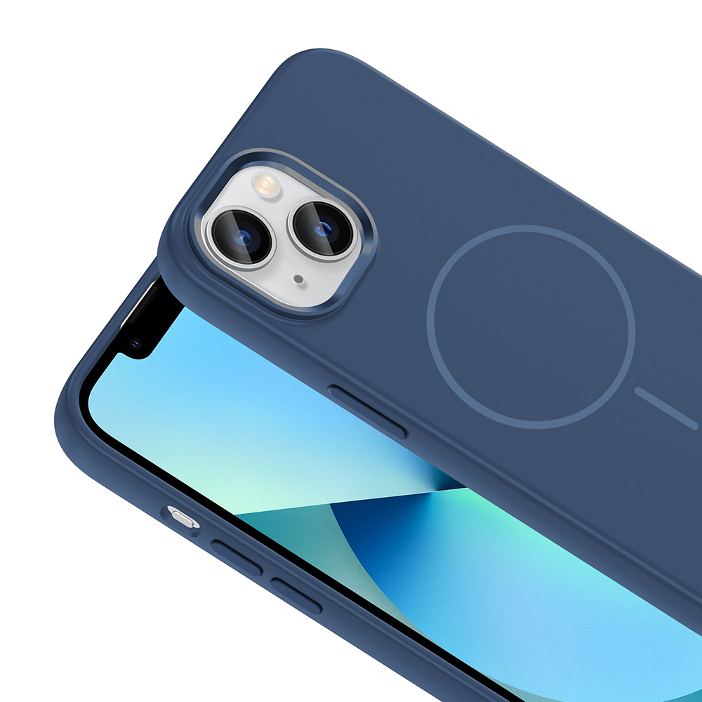 Kamera çıkıntılı ve manyetik halkalı lacivert telefon kılıfı.