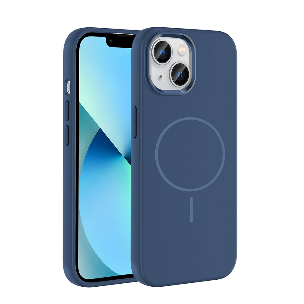 İki kameralı, dairesel baskılı lacivert telefon kılıfı.
