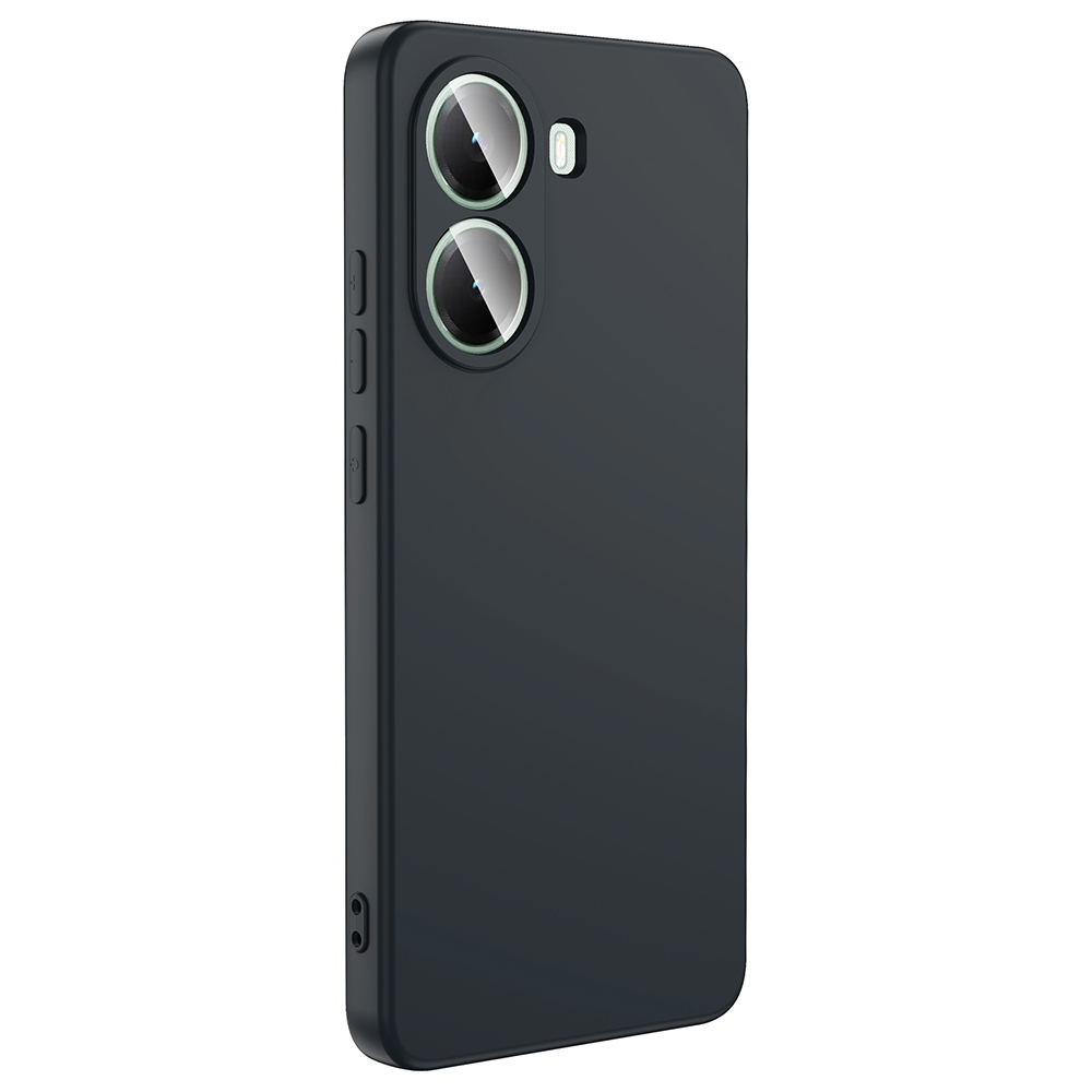 İki yuvarlak kamera lensi ve flaşlı koyu gri telefon kılıfı.