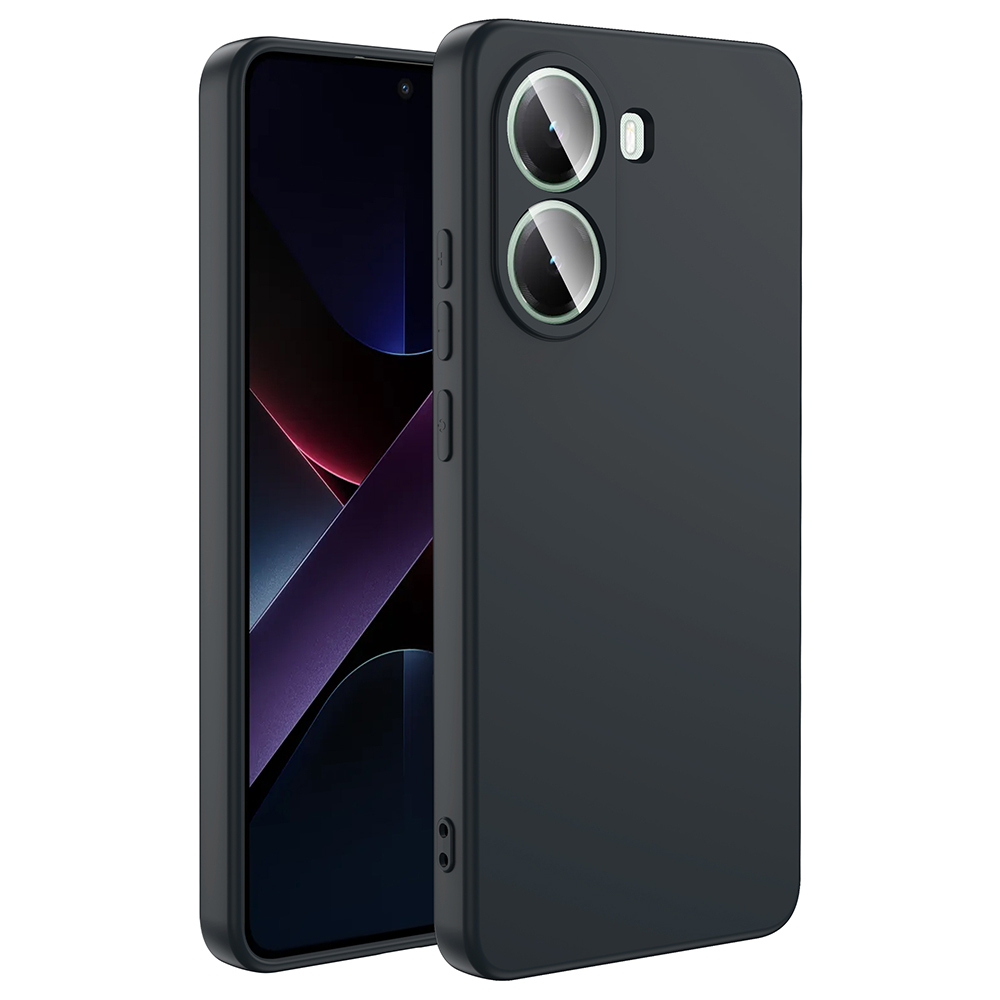 İki kameralı siyah telefon ve koyu, soyut ekran arka planı.