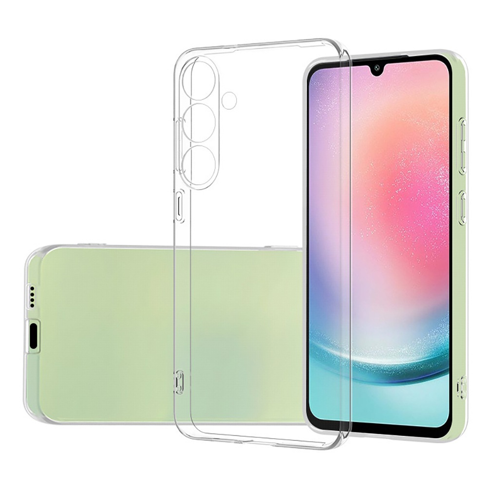 Arkada açık yeşil bir telefon bulunan şeffaf telefon kılıfı.