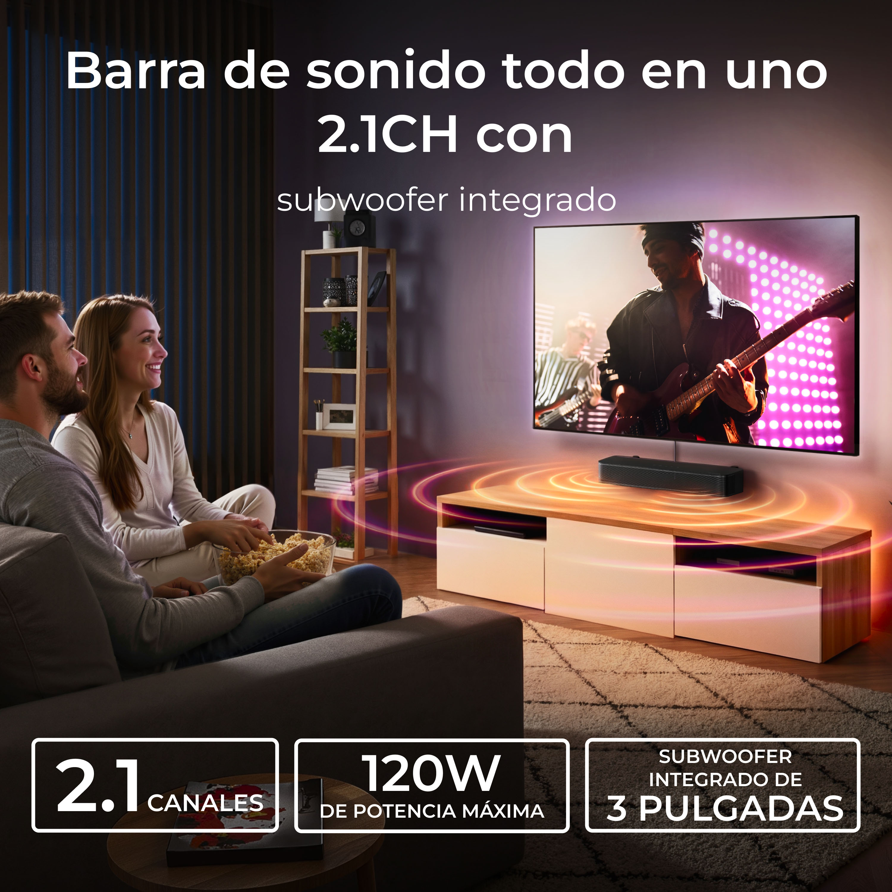 Una pareja come palomitas viendo la TV, se promociona una barra de sonido 2.1.