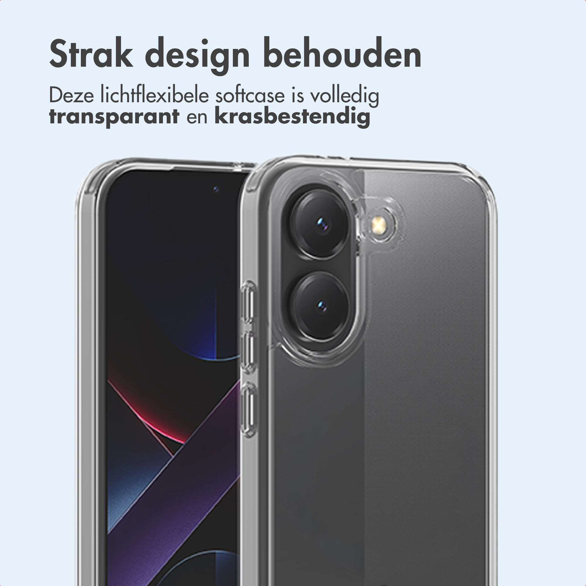 Custodia trasparente per telefono con due fotocamere posteriori e schermo davanti.