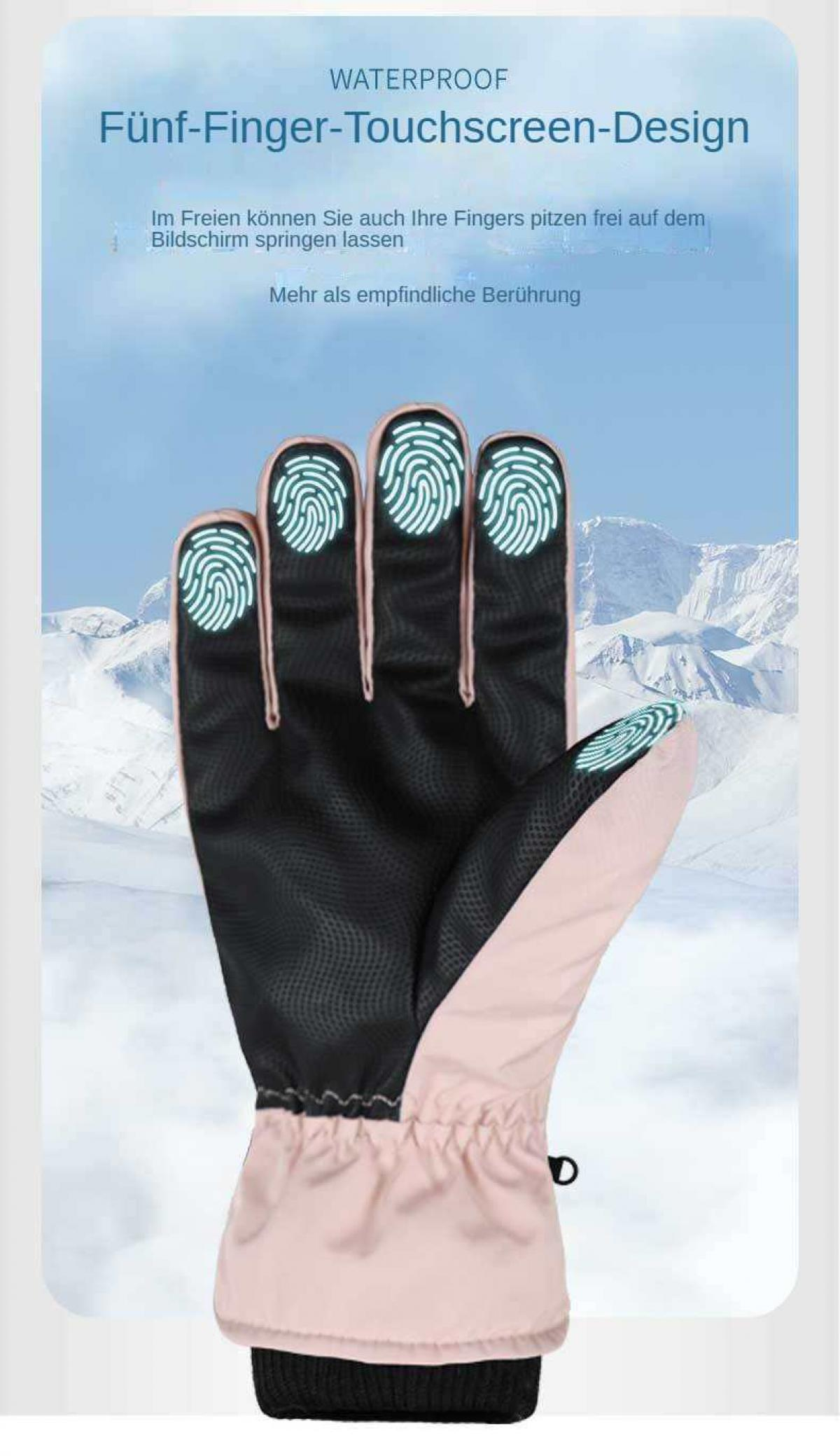 Ein rosafarbener Handschuh mit schwarzer Handfläche und Fingerabdrücken.