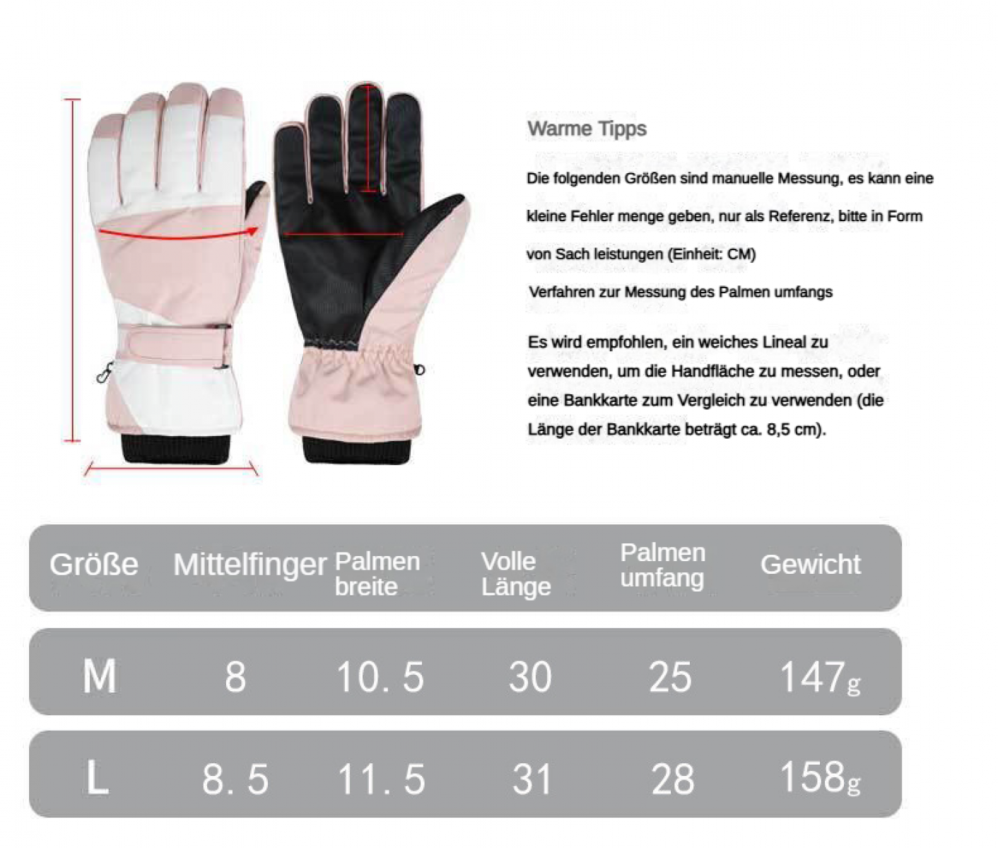 Beschreibung von Handschuhen mit Größenangaben M und L.