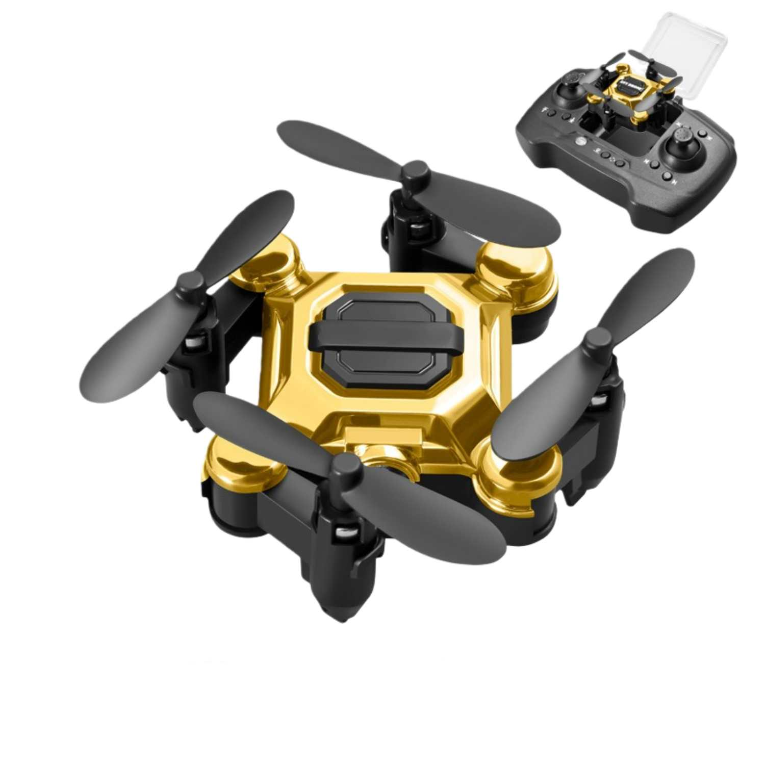 Ein goldener und schwarzer Mini-Quadrocopter mit Fernbedienung.
