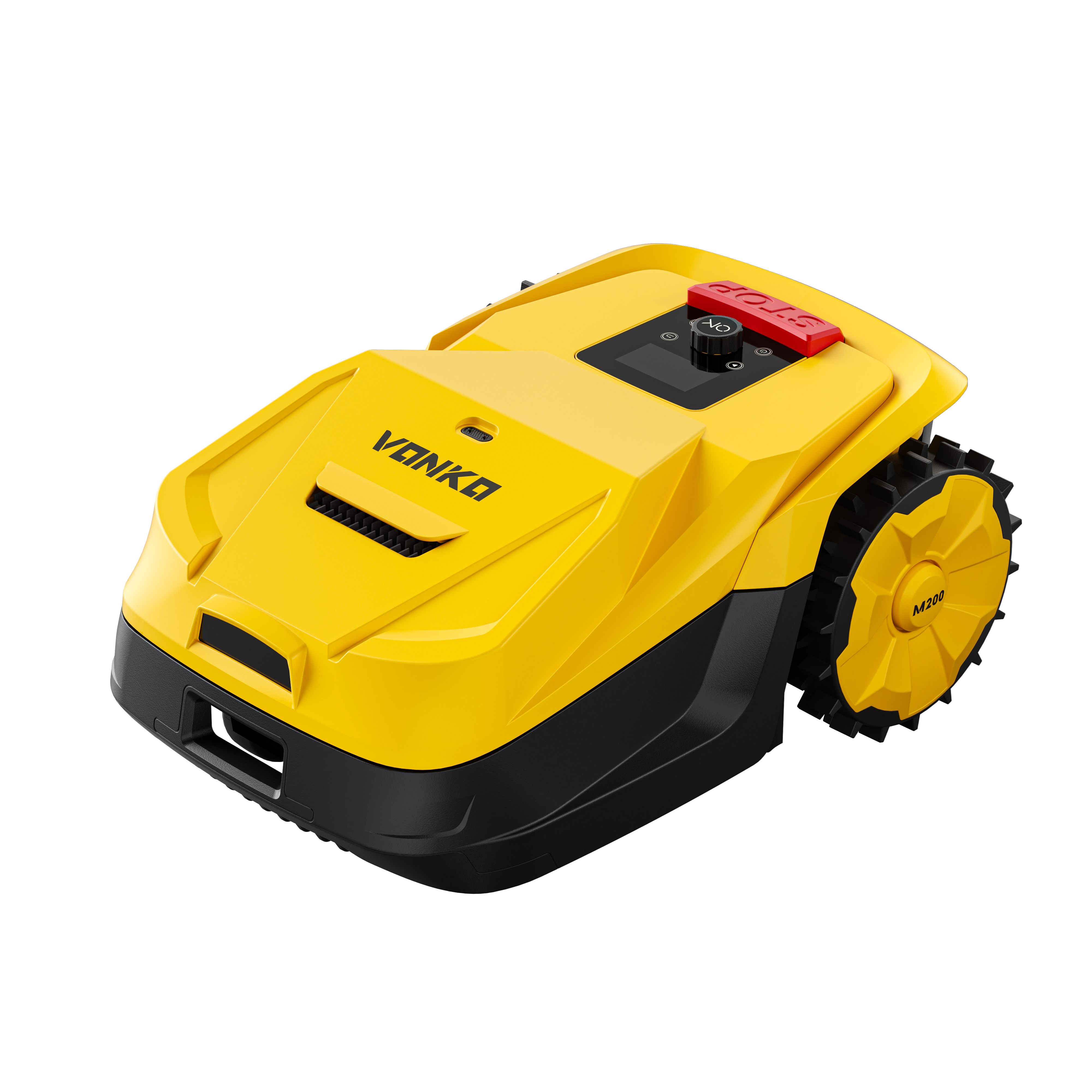 Un robot tosaerba giallo con ruote nere e un pulsante di arresto rosso.