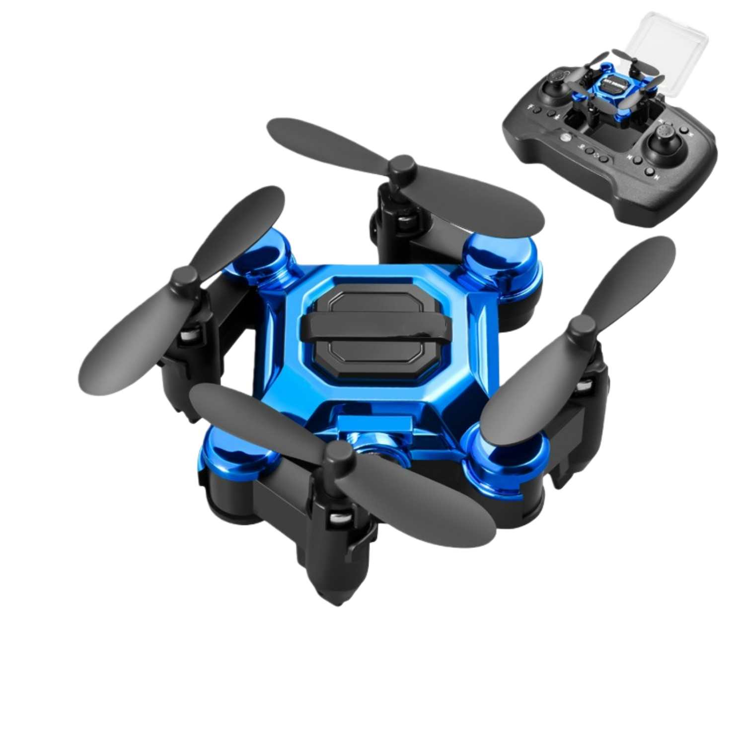 Blauer Mini-Drohne mit schwarzen Propellern und Fernbedienung.