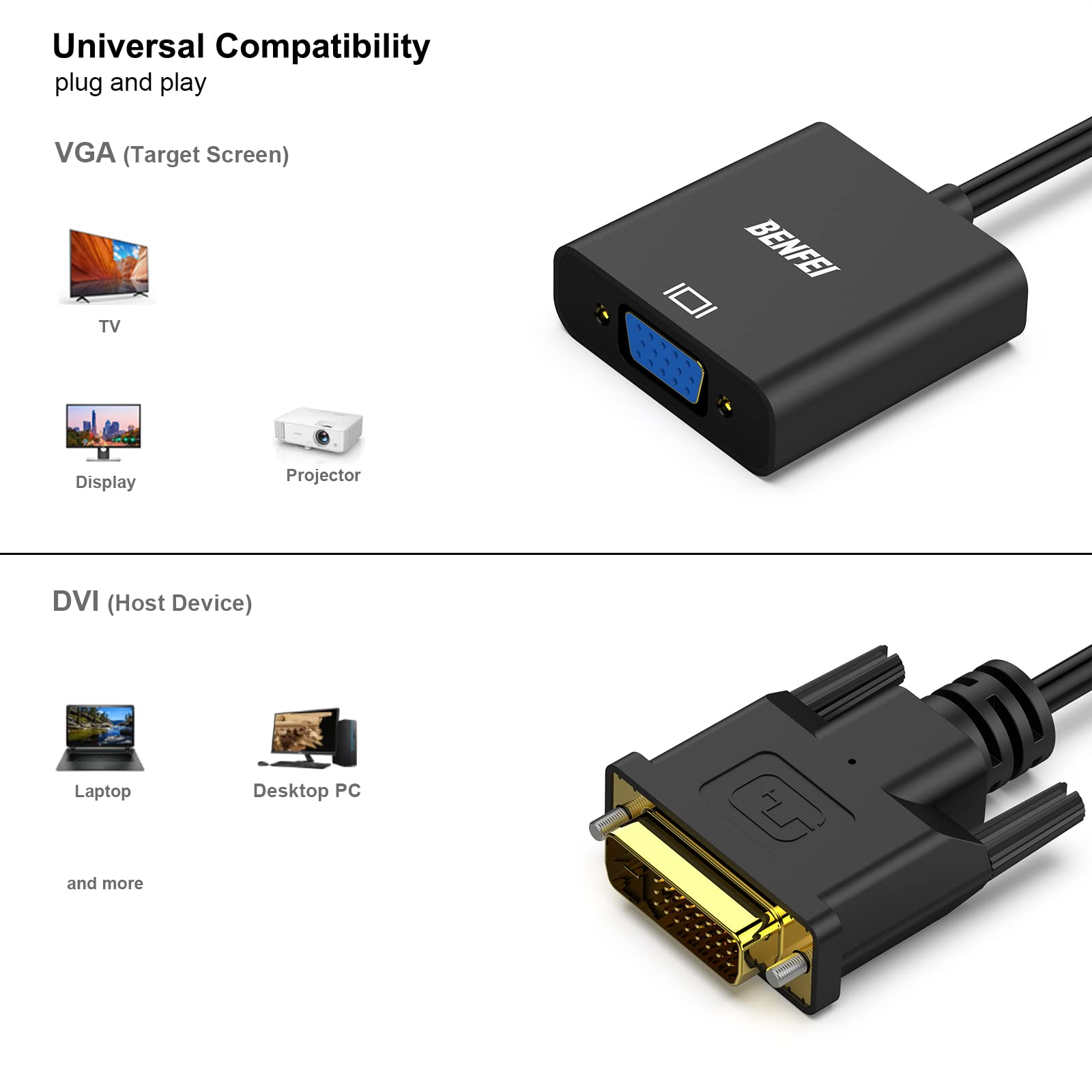 Ein schwarzer VGA-Adapter mit blauem Anschluss dient zur Verbindung von Laptops, PCs, TVs und Projektoren.