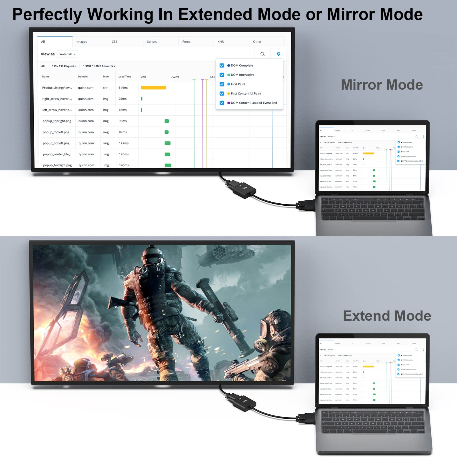 Monitor zeigt Spielszene, daneben Laptop in 'Mirror Mode'.