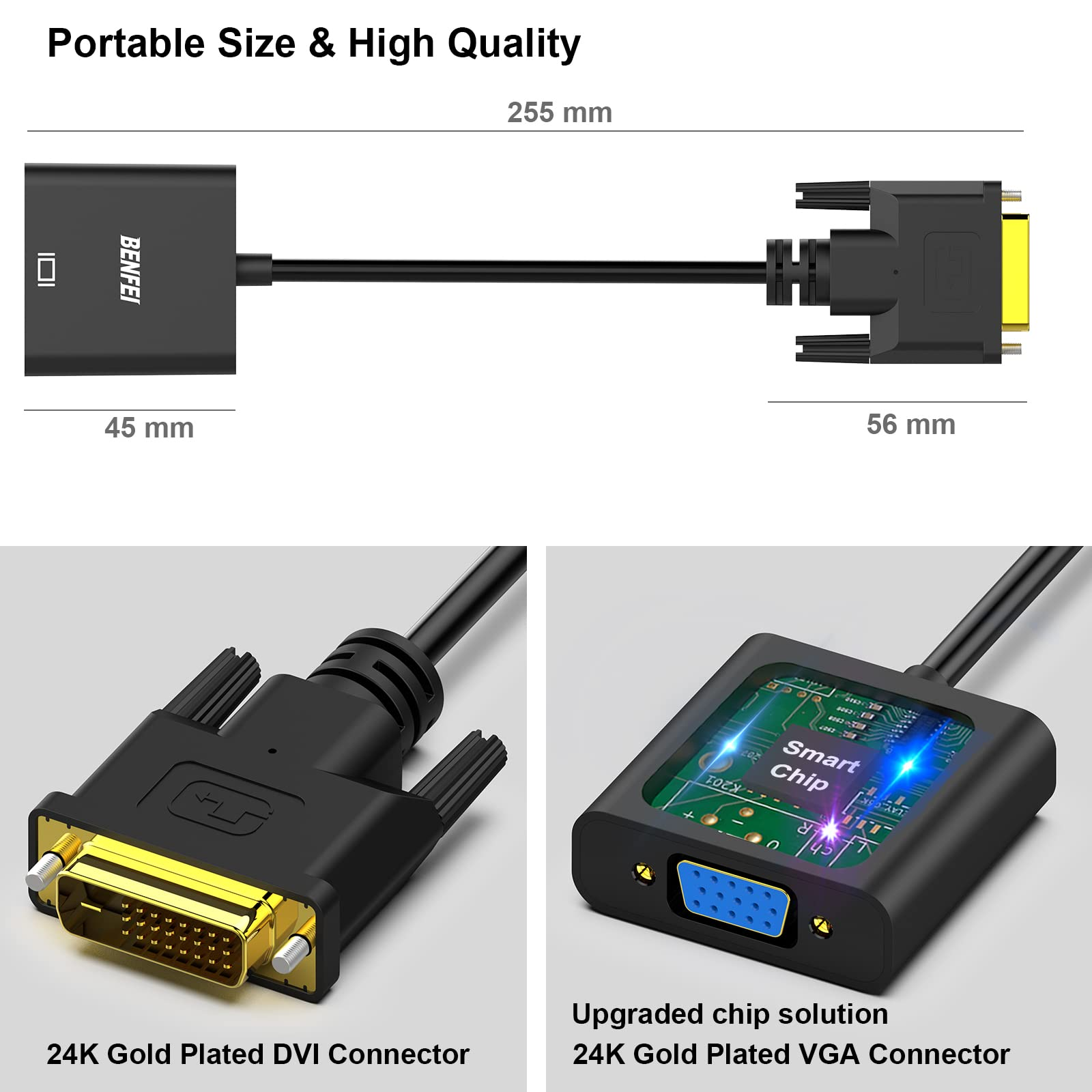 DVI zu VGA Adapter mit 24K vergoldeten Anschlüssen. Maße: 255mm, 45mm, 56mm.